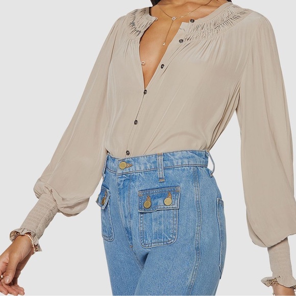Ramy Brook Tops - Ramy Brook Beige Long-Sleeve Smocked Yoke Blouse medium